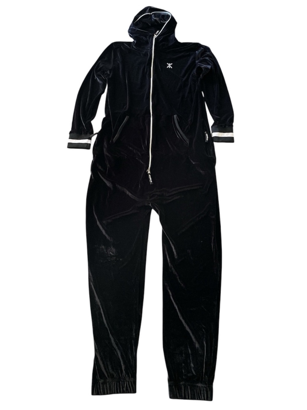 Onepiece Black Velvet Hooded Jumpsuit with White Trim